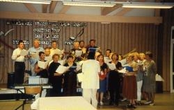 Das Bild zeigt Männer und Frauen, die in einem Chor singen.