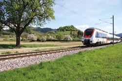 die Münstertalbahn mit Landschaft und Burg im Hintergrund